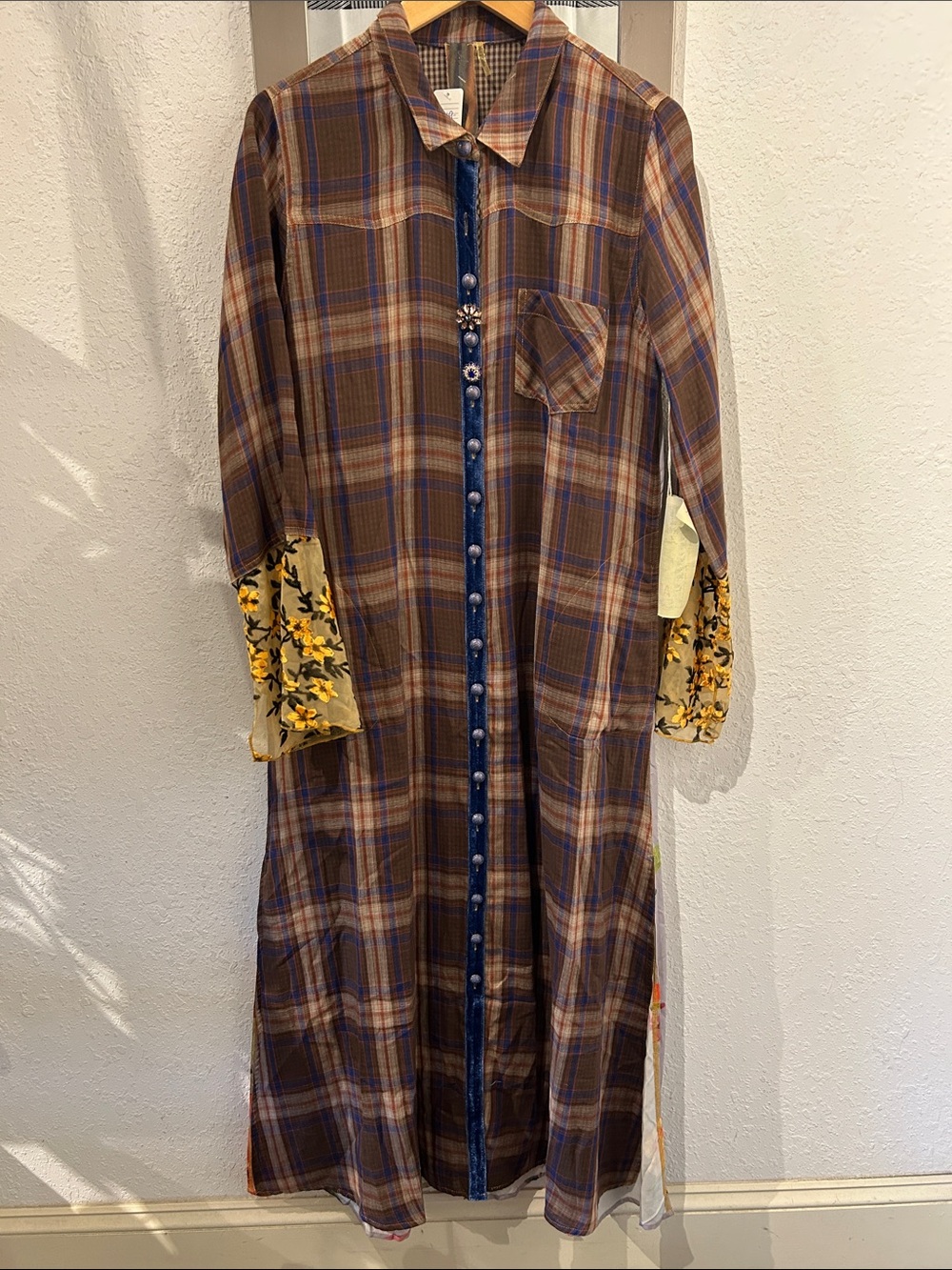 Aratta Anna Duster Brown Plaid Yellow Floral Cuffs Size Large